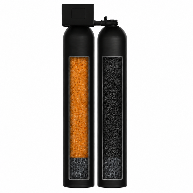Salt-free water softener dual-tank system with carbon filtration for SoCal homes — no salt, no drain — Sol Connection